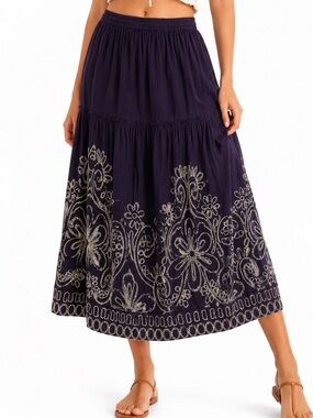 Embroidered Tiered Maxi Skirt - Purple